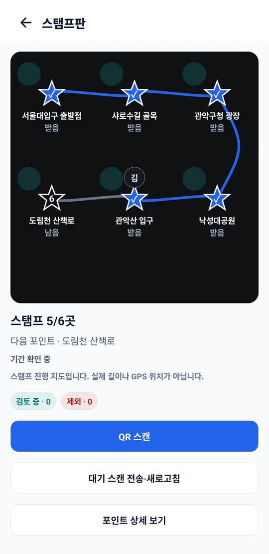 여섯 곳 중 다섯 곳을 모은 스탬프판 예시 화면